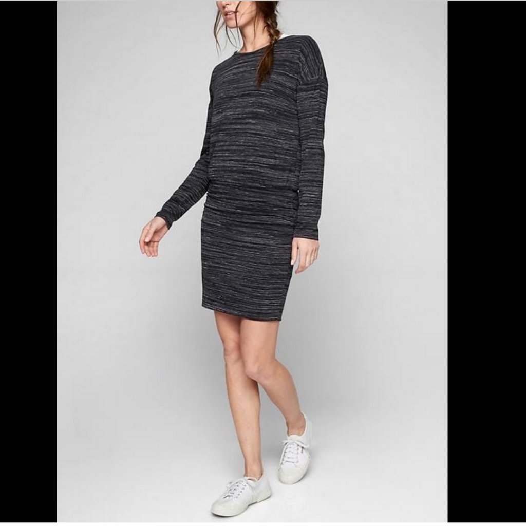 Athleta Women's Black White Striped Long Sleeve Ruched Soft Avenues Dress
